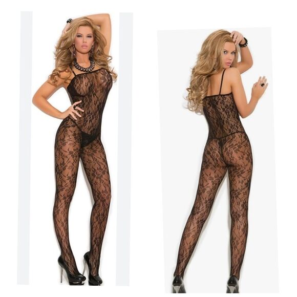 Elegant Moments Black Chemise with Sheer Lace and Floral Design - Picture 1 of 9